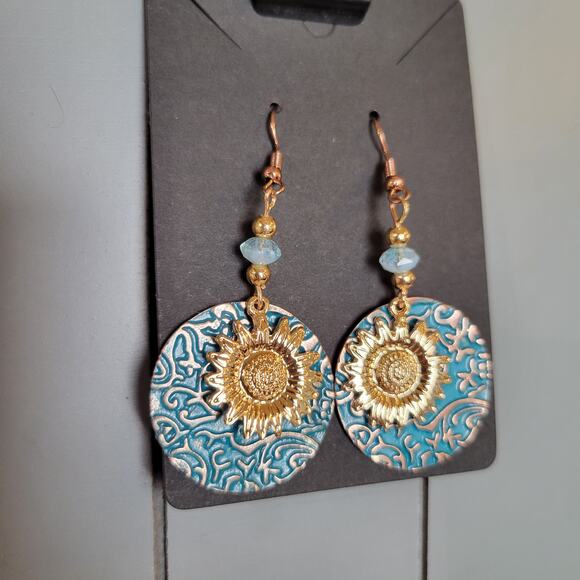 Boho Sunflower Dangle Earrings Gold Tone Turquoise Beaded Drop Jewelry Gift Bag - Picture 6 of 9